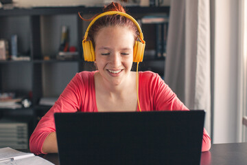 Millennial student sit at desk study on laptop - 781102862