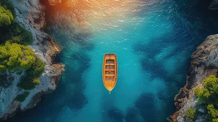 Foto op Plexiglas Boat between rocky cliffs in luminous sea at dawn © Настя Олейничук