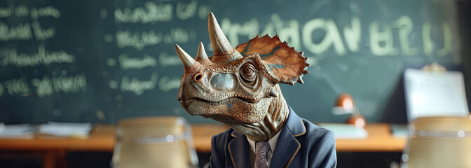 Triceratops in a chic outfit ponders algorithms before class starts, realistic ,  cinematic style. - obrazy, fototapety, plakaty