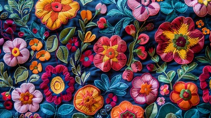 Vibrant Handmade Embroidered Textile Displaying Multicolored Flowers, Detailed Stitchwork, Handcrafted Design, Suitable For Apparel And Home Decoration, AI Generated
