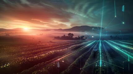 Digital farming, digital network, Iot, and Ai in agriculture and farming. Wide format. Hand edited.  - obrazy, fototapety, plakaty