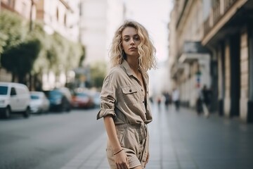 Obraz premium A woman in a tan outfit is standing on a city street