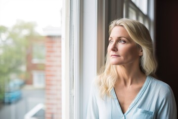 A woman with blonde hair is looking out the window