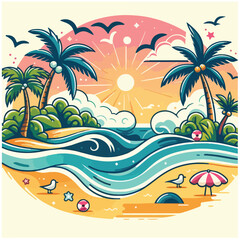 summer beach illustration. Vector ocean sunset scenery. Colorful tropical beach landscape.