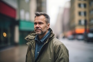 Obraz premium A man wearing a green jacket and blue shirt is standing on a city street