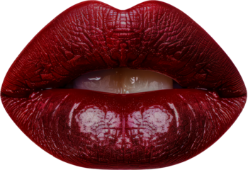 Close-up of red glossy lips cut out png on transparent background