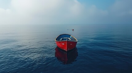 Lonely red boat on a calm blue sea