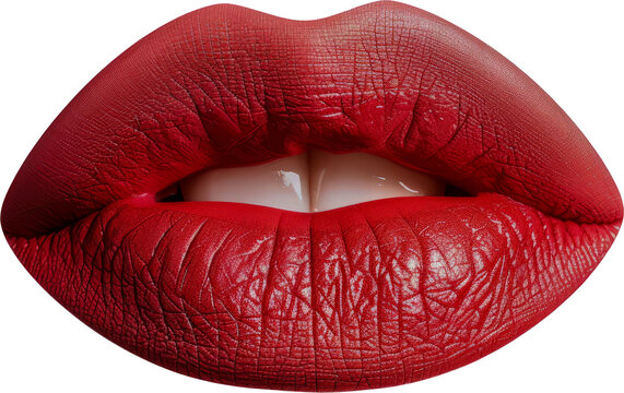 Close-up of red glossy lips cut out png on transparent background