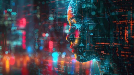 Digital representation of a human face profile with neon circuitry.