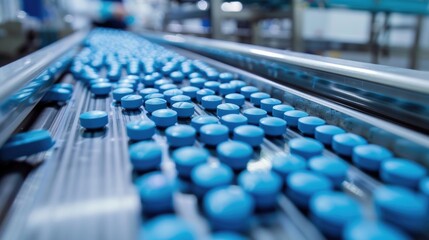 Fototapeta premium Blue medical pills on a production line in a pharmaceutical manufacturing plant.