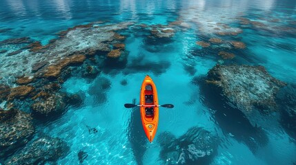 Aerial view of a kayak over coral reef - obrazy, fototapety, plakaty