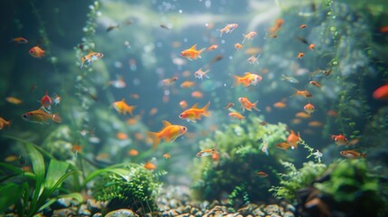 Fototapeta na wymiar Colorful goldfish swimming in a lush freshwater aquarium. World Oceans Day