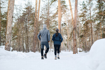 Fototapeta na wymiar Wide rear view shot of unrecognizable senior man and woman in sportswear walking along forest park on winter day
