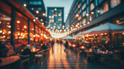 Blurred image shows bokeh of lights of restaurants on both sides of a street. A promenade in a city. Unknown people sit at tables by candlelight. In the background is a skyscraper.
