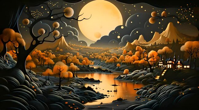 A vintage worn illustration of beautiful village night mode simple animation. beautiful nature movement video at dark night and moon