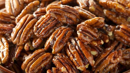 Candied pecan nuts with caramel glaze. Close-up food photography.