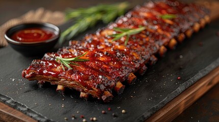 Glazed barbecued ribs on wooden board. Close-up food photography. - obrazy, fototapety, plakaty