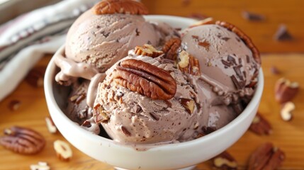 Chocolate ice cream with pecans in a white ceramic bowl on a marble background.
