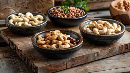 Variety of mixed nuts in small bowls on a dark wooden table. - obrazy, fototapety, plakaty