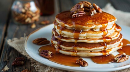 Stack of pancakes with pecans and syrup on a white plate. - obrazy, fototapety, plakaty
