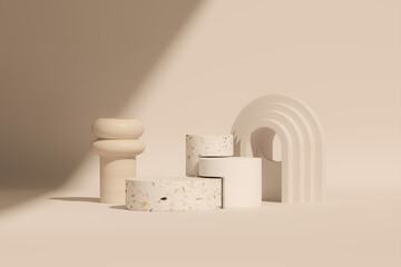 Bust showcase jewelry display for necklace pendant in white and cream background. Wooden, stone stand holder. Beige color mannequin jewelry stand. Trendy 3d render for social media banners, promotion