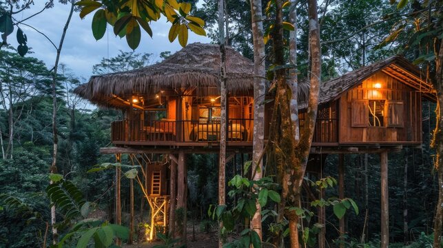 Eco-friendly treehouse with wooden bridge in tropical forest. - Powered by Adobe