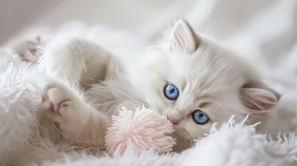 White kitten with blue eyes lying on fluffy blanket.