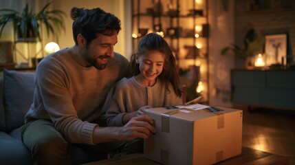A happy family enjoying a moment together as they open a package at home. Home Delivery
