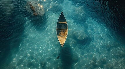 Artistic overhead view of a lone canoe on water - obrazy, fototapety, plakaty