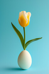Yellow tulip growing out of an white egg on blue background. Pastel color scheme.  Minimal Easter and spring concept. Greeting card