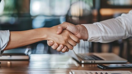 A manager and employee shaking hands in a gesture of mutual respect and collaboration. 