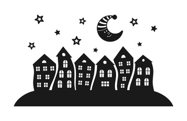 Black silhouettes of houses, crescent moon and stars isolated on a white background. Black and white cartoon buildings with curved facades and the night sky. Vector design for laser or plotter cutting - obrazy, fototapety, plakaty