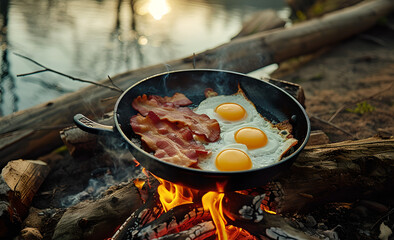 a skillet with bacon and eggs in it on a campfire,  photo-realistic landscapes,  food in fire , wood trees , Lake water in background with blur effect