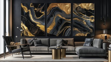 Abstract golden and black marble three-panel wall art in a modern living room.