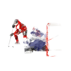 Ice hockey, hockey player tries to beat goalie. Isolated low poly vector, winter team sport