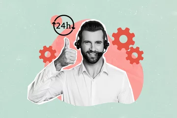Poster Im Rahmen Creative collage picture young smiling man showing acceptance gesture thumb up call center operator customer support headphones © deagreez