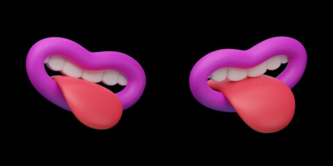 Bright pink 3D vector cartoon mouths with tongues hanging out from different angles on a black background.Design element - obrazy, fototapety, plakaty