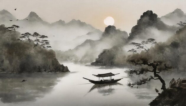 chinese ink painting muted colors rice paper with river mountain and boat , generated by AI