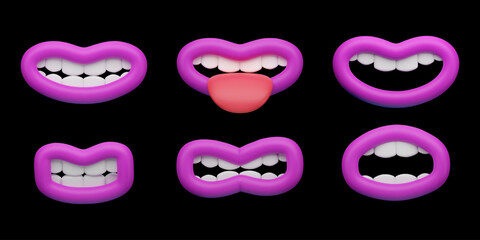 Sets of stylized 3D vectors of cartoon pink lips, each depicting a different facial expression; smile, grin, anger, sticking out tongue.