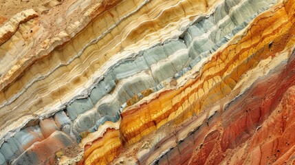 Multicolored sedimentary rock layers. Macro shot of geological formation.