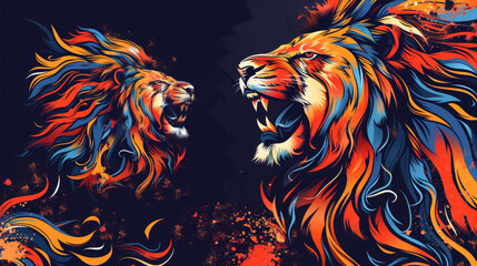 A dynamic digital art piece featuring two lions in vibrant colors,ai generated