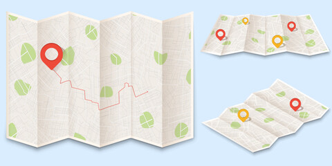Set of Paper map with red points. Local street gps navigation. City route navigation to marker. Abstract navigation between markers. Geography distance plan. Vector illustration