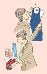 ショッピングするおしゃれなお母さんのイラスト_母の日 アトリエマユコ