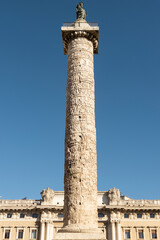 Marco Aurelio column stone relief at Piazza Colonna. Rome. Italy