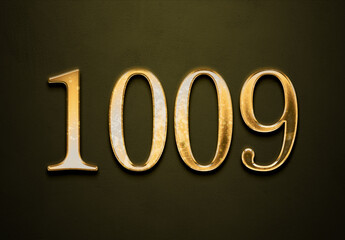 Old gold effect of 1009 number with 3D glossy style Mockup.	