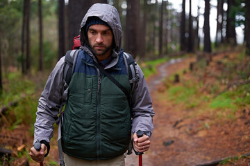 Hiking, backpack and man in forest for survival, shelter and dangerous conditions. Nature, winter...