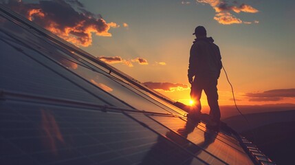 Worker installing solar photovoltaic panels at sunset