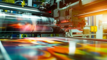 printing machine in action, producing high-quality prints. Ideal for use in advertising, publishing, and graphic design