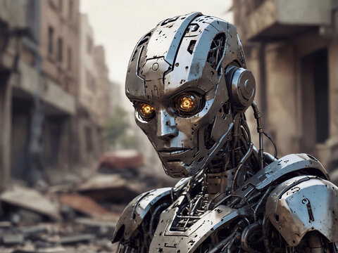 A close-up of the robot against the background of the destroyed city behind. The concept of alarmism about the death of the world from robots or the concept of compassion for robots.