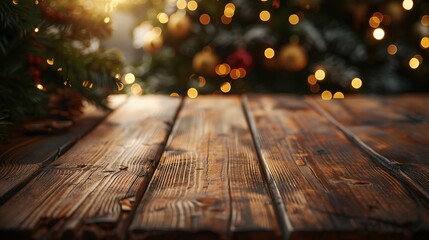 Rustic Wooden Table with Festive Christmas Tree Backdrop